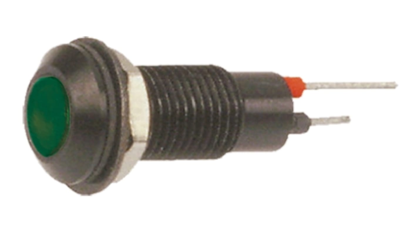 Marl 绿色LED面板指示灯, 24V 直流, 20mA, Φ6.4mm安装孔, 凸型边框, 黑色边框