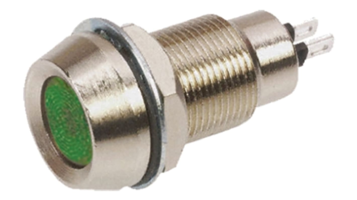 Marl 绿色LED面板指示灯, 24V 直流, 20mA, Φ12.7mm安装孔, 焊片端接, 凹入式边框, 铬色边框, IP67