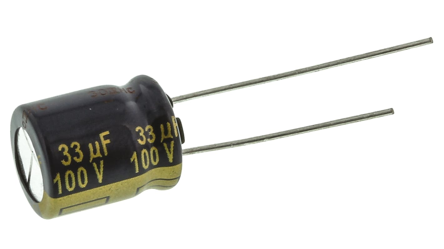 Condensatore Panasonic, serie FC Radial, 33μF, 100V cc, ±20%, +105°C, Radiale, Foro passante