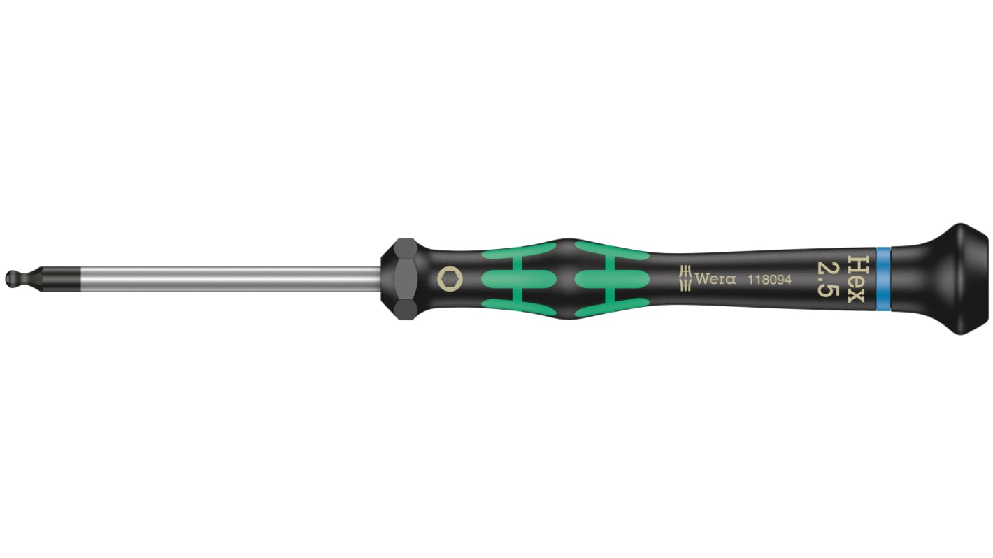 Wera Ball End Hexagon Precision Screwdriver, 2.5 mm Tip, 60 mm Blade, 157 mm Overall
