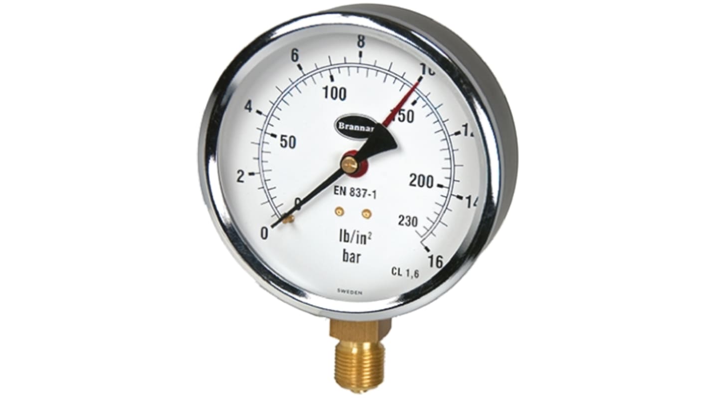 Brannan G 3/8 Analogue Pressure Gauge 16bar Bottom Entry 100mm Outside Diameter