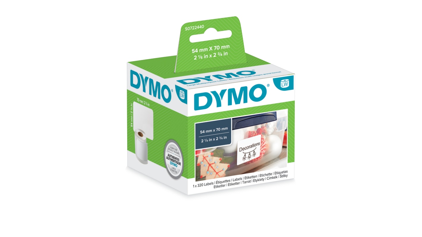 Dymo White Black Print Label Roll, 70mm Width, 54mm Height, 320Per Roll Qty