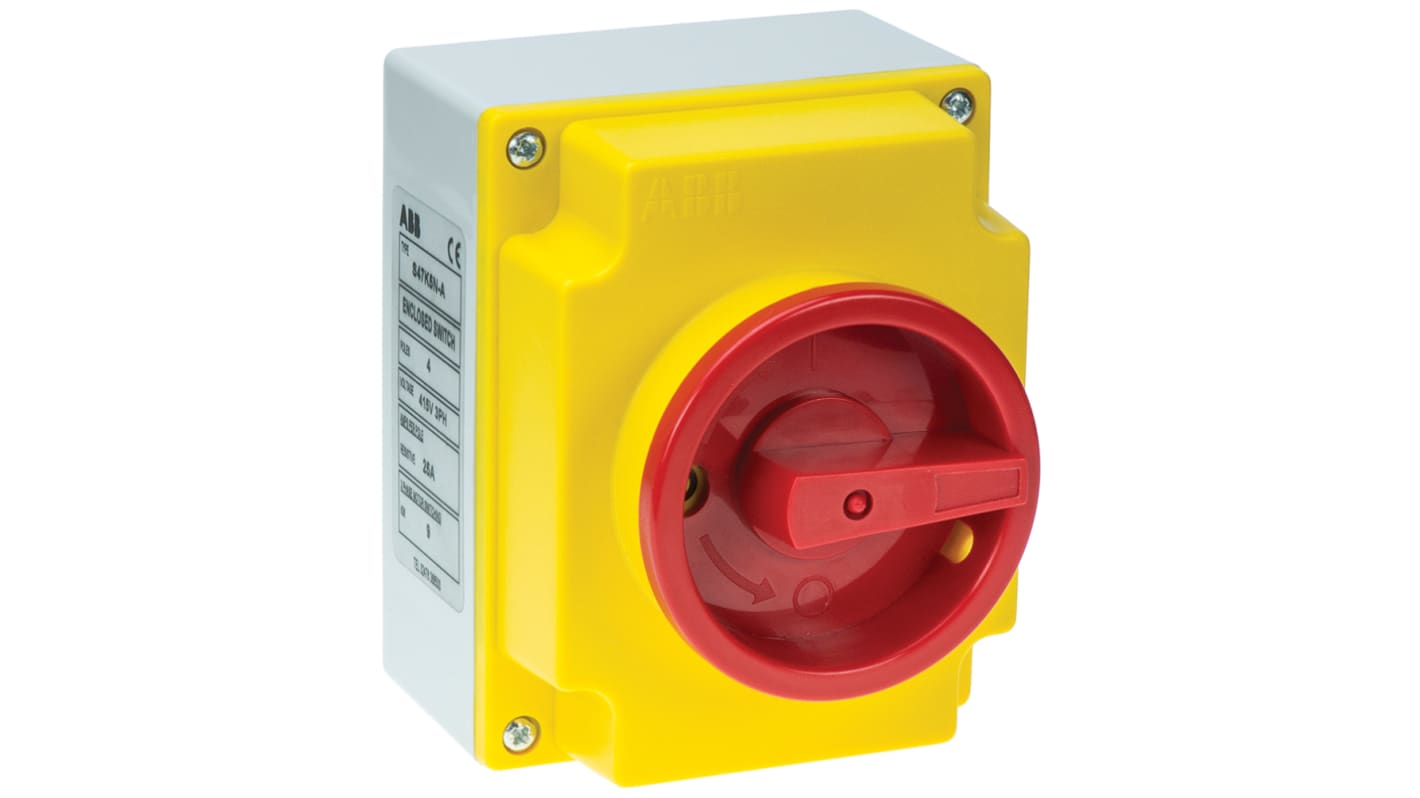 ABB 4P Pole Isolator Switch - 63A Maximum Current, 26kW Power Rating, IP65