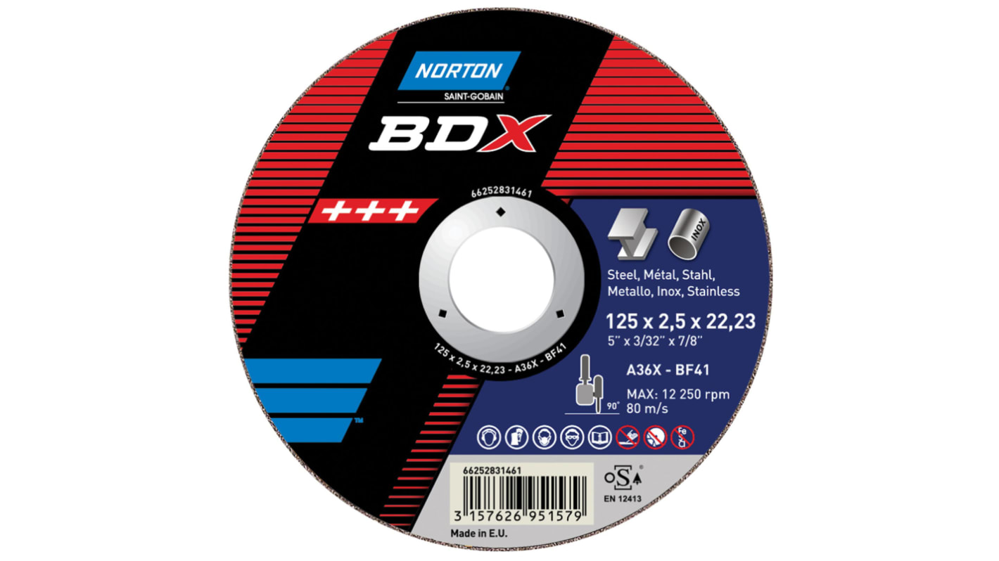 Norton Cutting Disc Aluminium Oxide Cutting Disc, 115mm x 3.2mm Thick, P36 Grit, 5 in pack