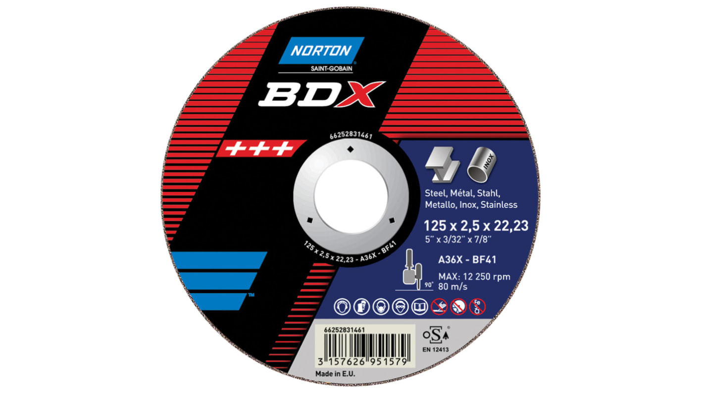 Norton Cutting Disc Aluminium Oxide Cutting Disc, 180mm x 3.2mm Thick, P24 Grit, BDX, 5 in pack