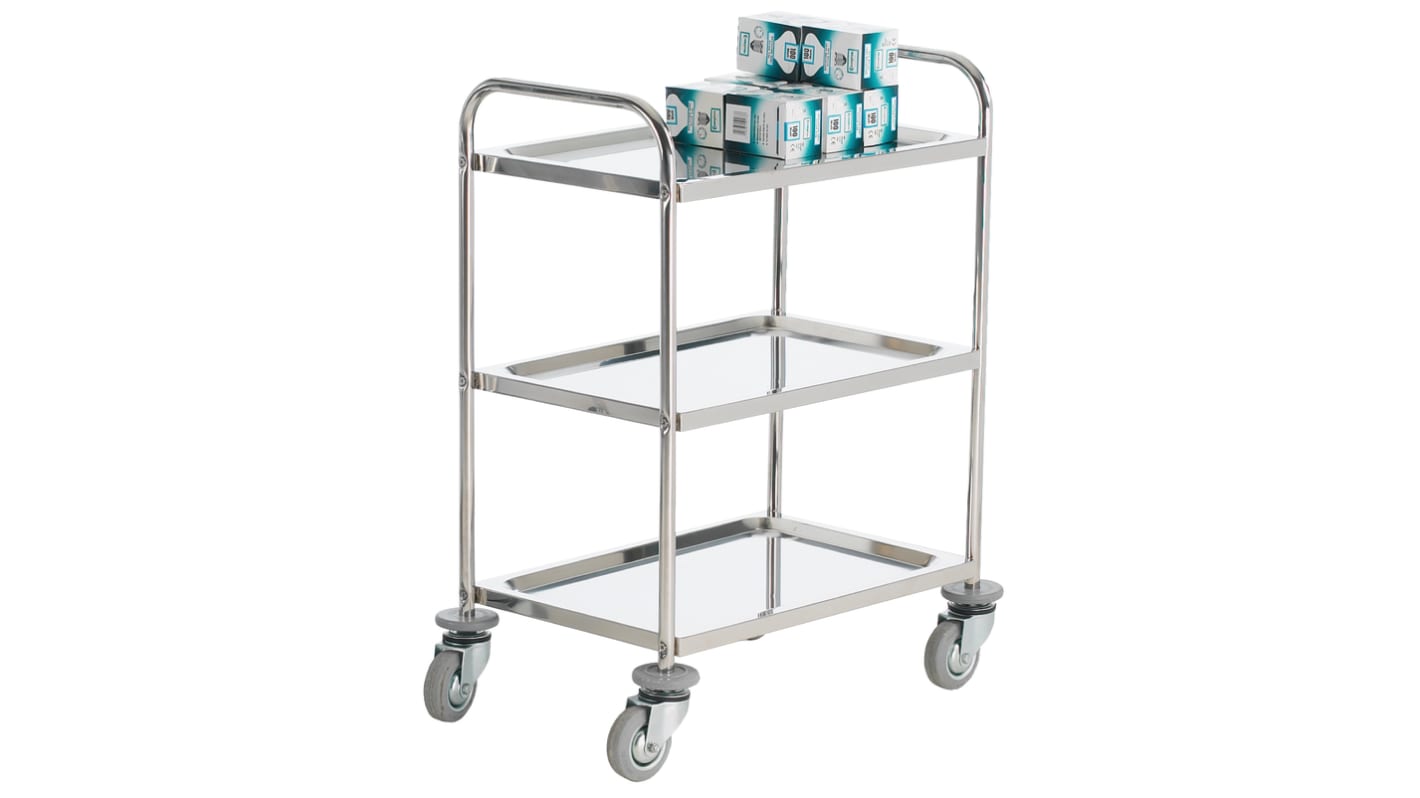 RS PRO 3 Shelf Stainless Steel Trolley, 610 x 410mm, 100kg Load