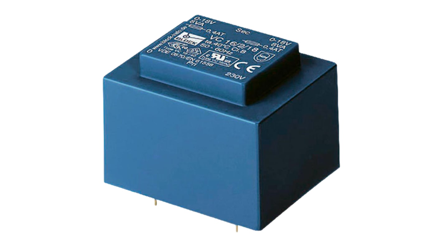 Trasformatore per PCB Block, 10VA, primario 230V ca, secondario 24V ca, 2 uscite