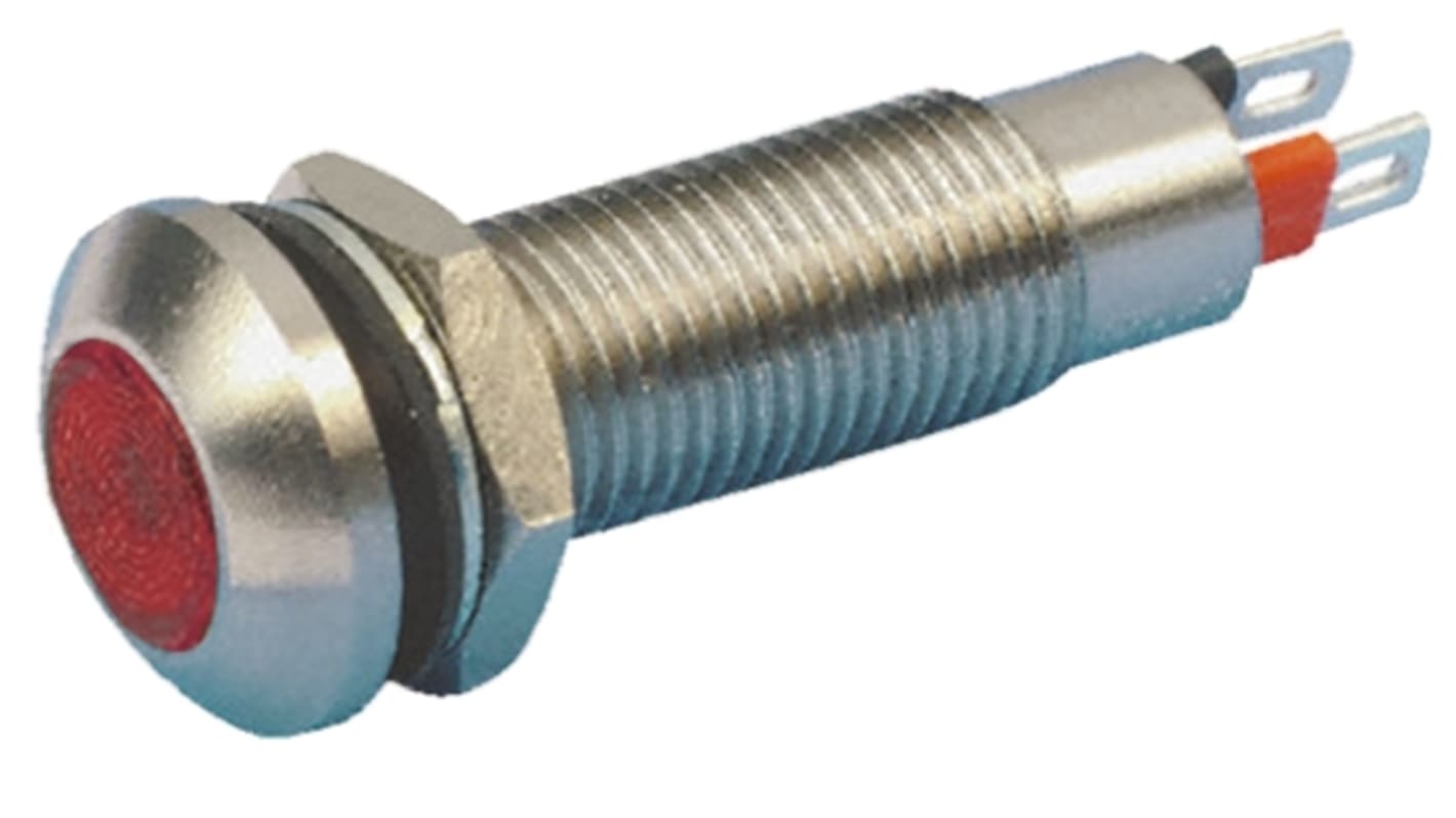 Marl 红色LED面板指示灯, 12V 直流, 20mA, Φ8.1mm安装孔, 焊片端接, 铬色边框, IP67