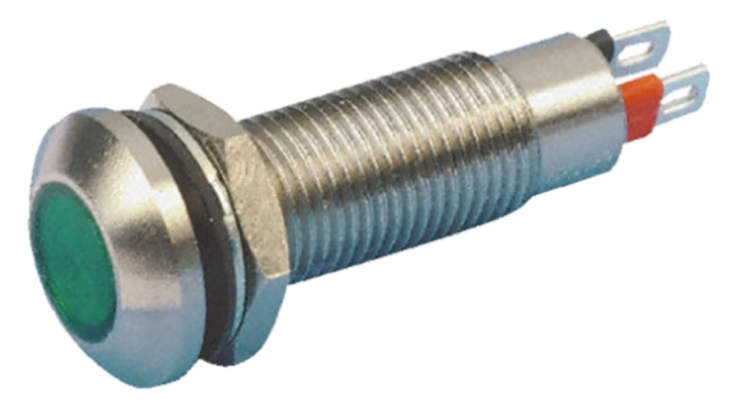 Marl 绿色LED面板指示灯, 12V 直流, 20mA, Φ8.1mm安装孔, 焊片端接, 铬色边框, IP67