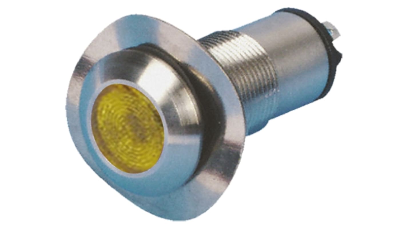 Marl 黄色LED面板指示灯, 24V 直流, 20mA, Φ13mm安装孔, 焊片端接, 铬色边框, IP67
