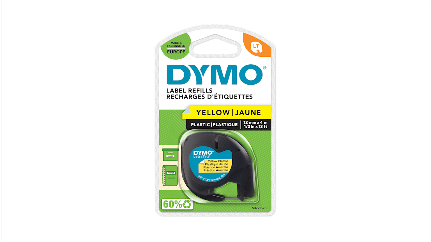 Cinta para impresora de etiquetas Dymo, color Negro sobre fondo Amarillo, 1 Roll, para usar con Dymo Letratag LT100H,