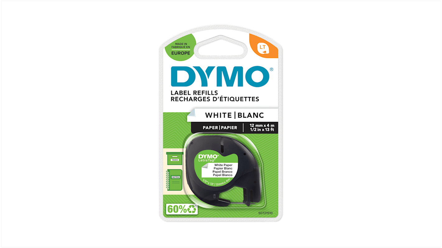 Dymo Black on White Label Printer Tape, 4 m Length, 12 mm Width