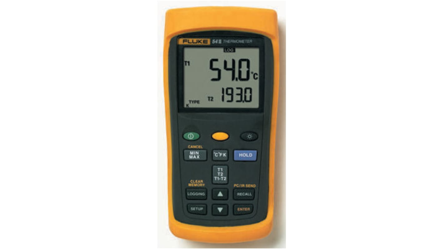 Fluke 54 Wired Digital Thermometer for Industrial Use, E, J, K, N, R, S, T Probe, 2 Input(s), +1767°C Max, ±0.05 %