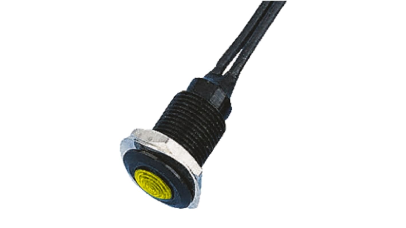 Indicador LED Oxley, Amarillo, lente enrasada, marco Negro, Ø montaje 10.2mm, 12V ac, 7.5mA, 375mcd, IP66