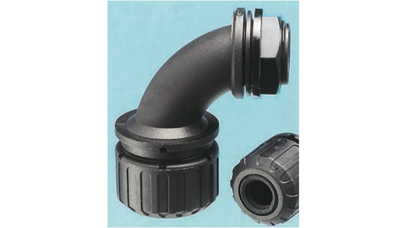 Racor para conducto Adaptaflex, Acodado 90° de Nylon 66 Negro, tamaño nom. 13mm, rosca M16, IP66