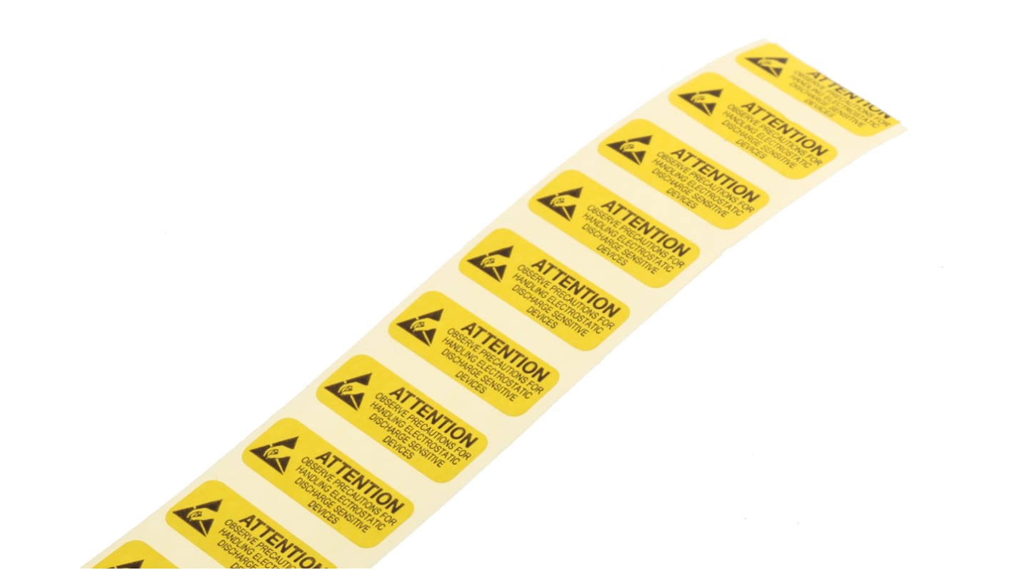 RS PRO 防静电标签贴纸 ,英语 ,标签内容"注意" ,黄色 ,10mm宽 x 25 mm高 ,1000件装
