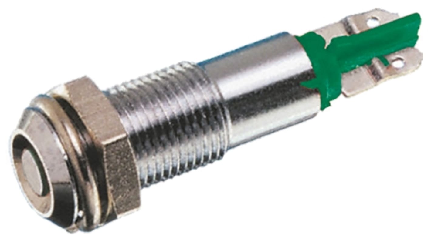 Indicador LED Signal Construct, Verde, lente rebajada, marco Cromo, Ø montaje 6mm, 20 → 28V, 10mA