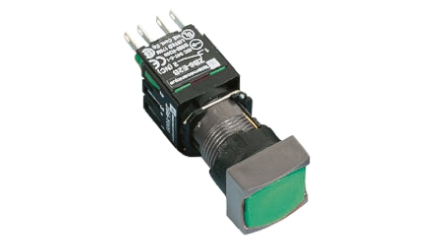 Schneider Electric 带灯按钮, Φ16mm开孔, 面板安装, 绿色矩形, 单刀单掷, IP65, Harmony XB6系列
