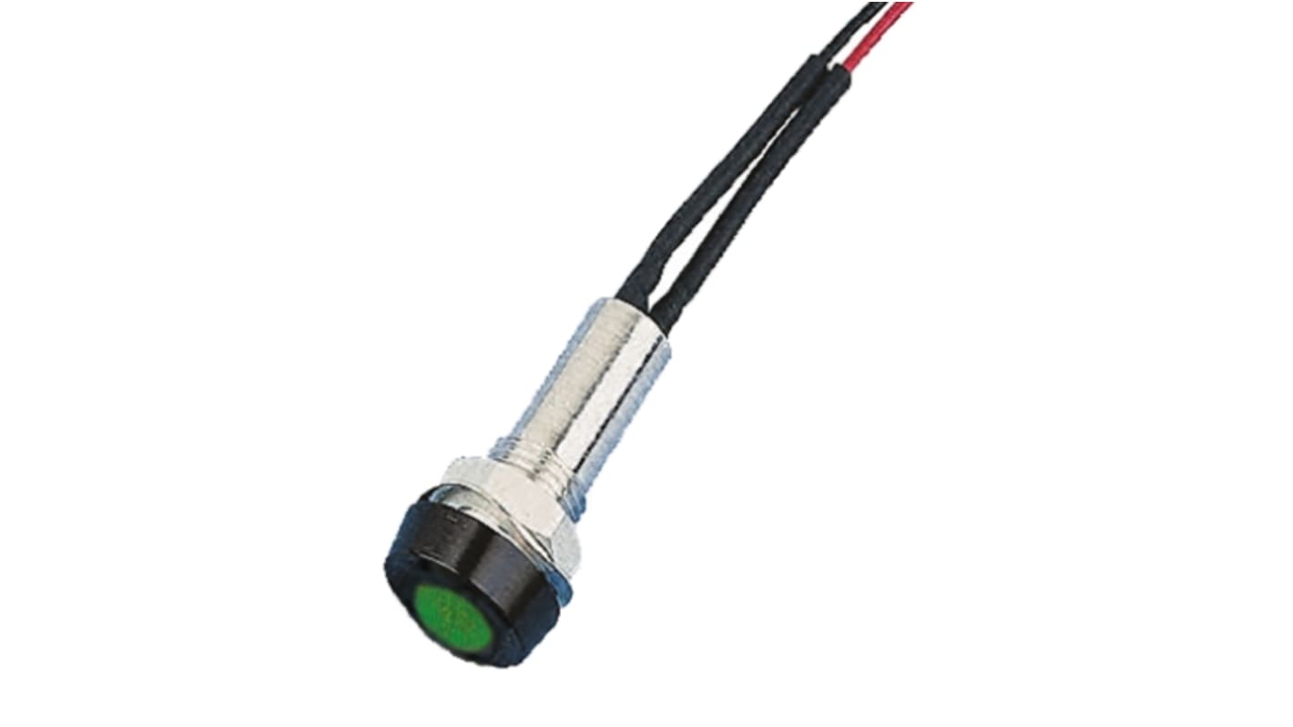 Oxley 绿色LED面板指示灯, 24V, 15mA, Φ8mm安装孔, 引线端接, 凹入式边框, 黑色边框, IP67