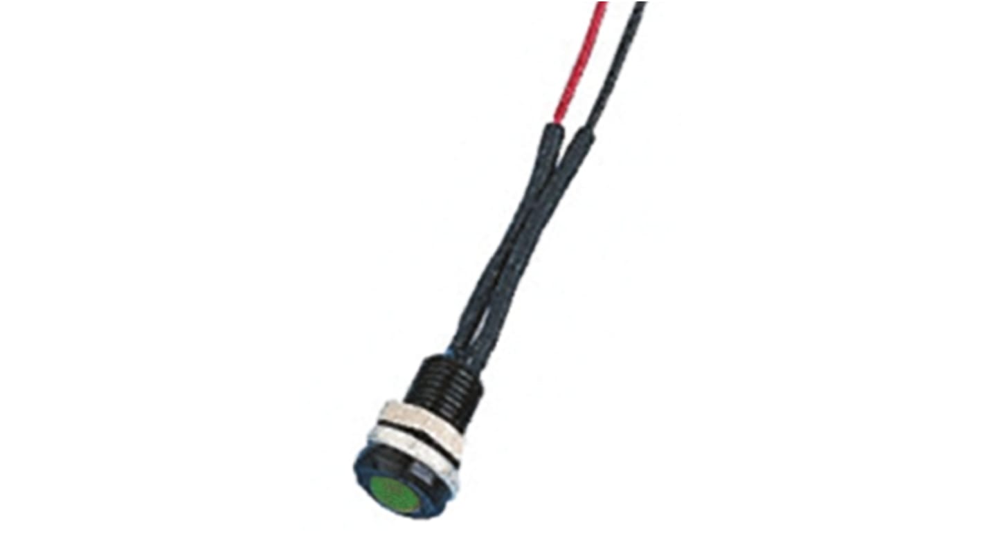 Indicador LED Oxley, Verde, lente enrasada, marco Negro, Ø montaje 6.4mm, 24V ac, 15mA, 470mcd, IP66