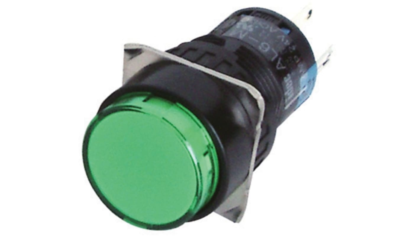 Idec Illuminated Push Button Switch, Momentary, Panel Mount, 16.2mm Cutout, DPDT, Green LED, 250V, IP65