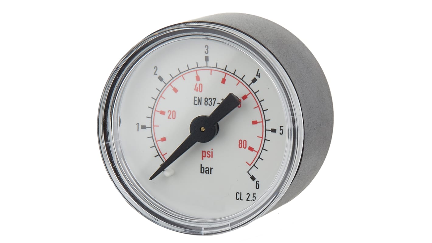 RS PRO R 1/8 Analogue Pressure Gauge 6bar Back Entry 40mm Outside Diameter