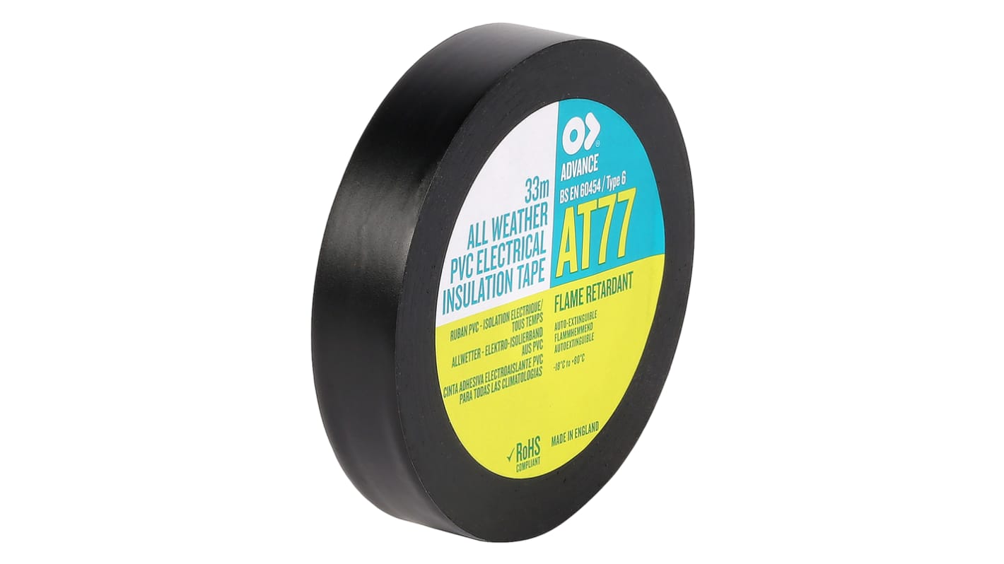 Advance Tapes AT77 PVC Isolierband Schwarz, Stärke 0.19mm x 19mm x 33m, -18°C bis +80°C