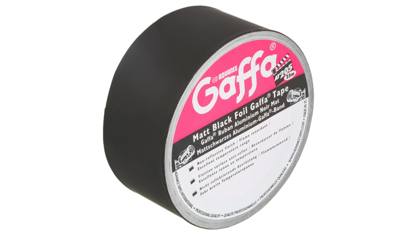Advance Tapes Gaffa胶带, 黑色, 亚光表面, 50mm宽 x 25m长 x 0.09mm厚, 最高工作温度+150°C, AT205