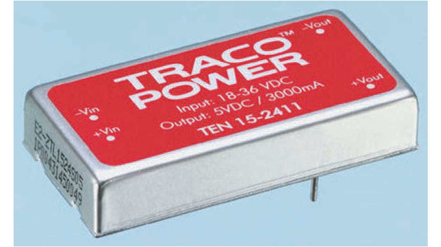 TRACOPOWER TEN 15 DC/DC-Wandler 15W 48 V dc IN, ±12V dc OUT / ±625mA Durchsteckmontage 1.5kV dc isoliert