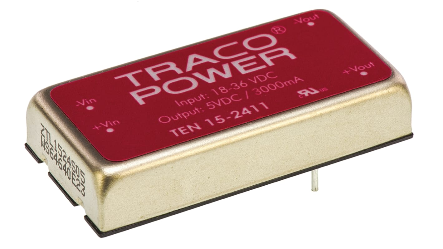 TRACOPOWER TEN 15 DC-DC Converter, 5V dc/ 3A Output, 18 → 36 V dc Input, 15W, Through Hole, +85°C Max Temp -40°C