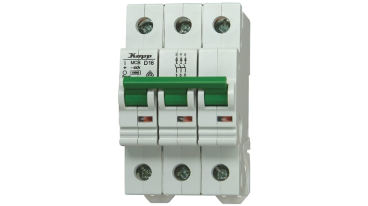 Disjoncteur Kopp GREEN ELECTRIC 3P, 16A, pouvoir de coupure 10 kA, montage rail DIN