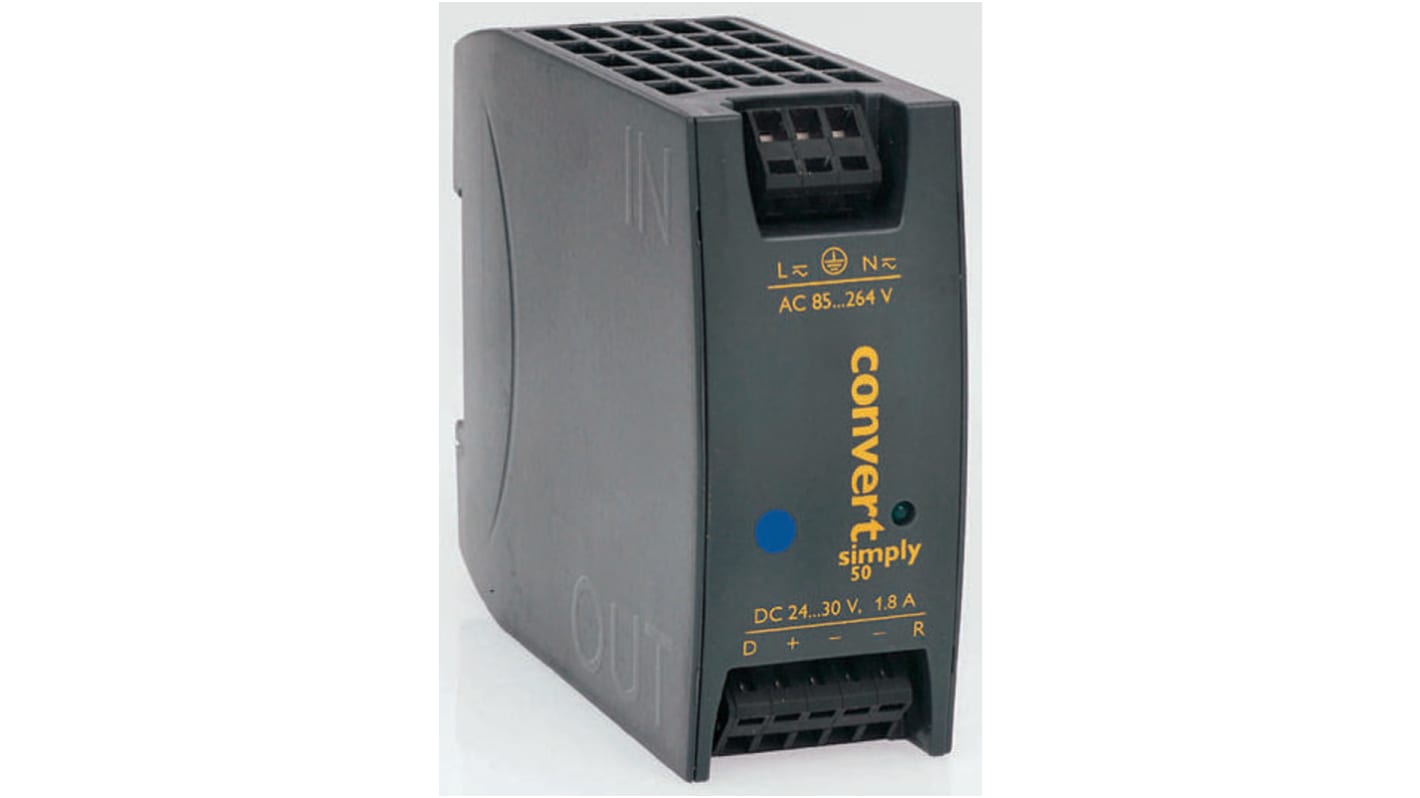 BEL POWER SOLUTIONS INC DIN-sínes, panelre szerelhető tápegység, BE: 85 → 264V ac, 1 kimenet, 24V dc, 1.8A, 50W