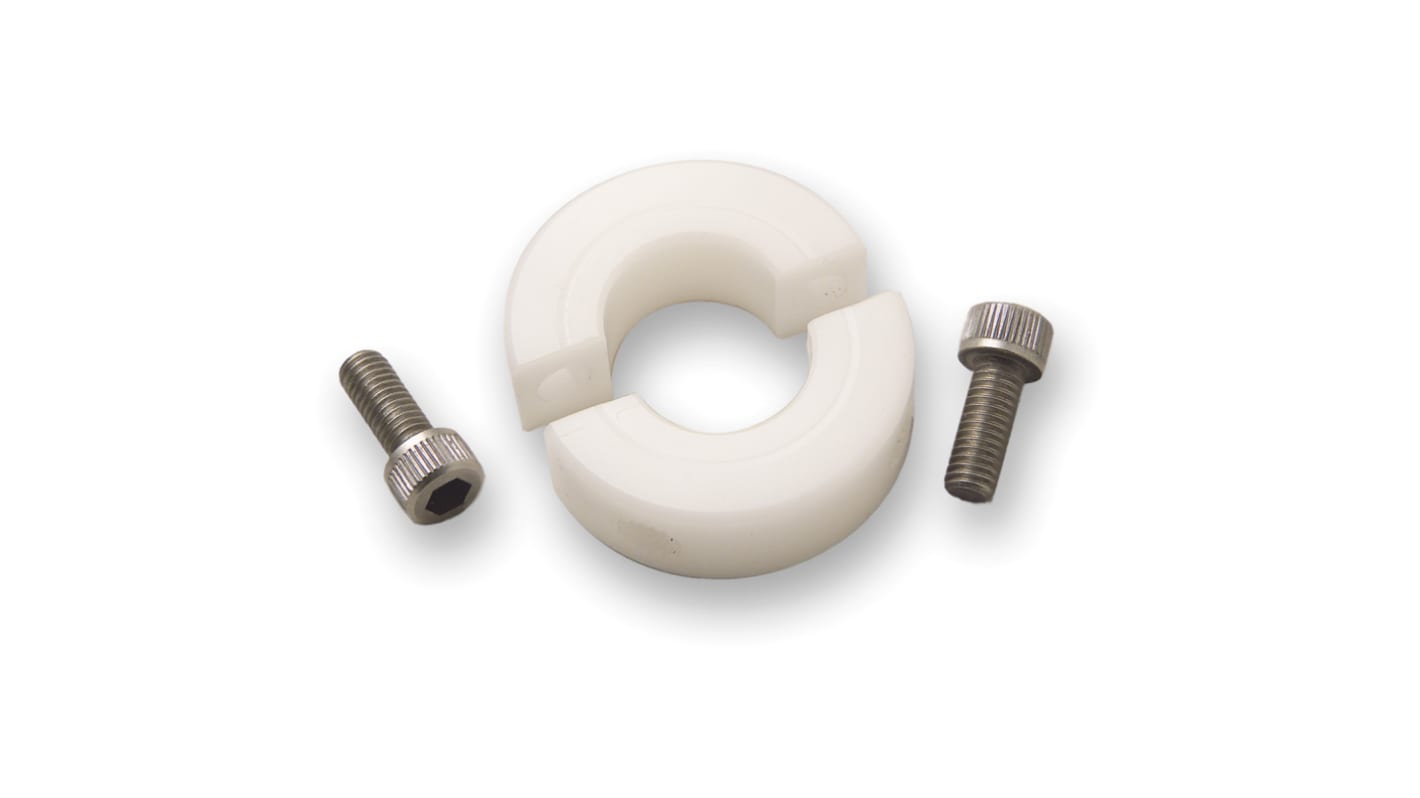 Ruland Shaft Collar, Two Piece, Clamp Screw, Bore 25mm, OD 45mm, W 15mm, Plastic