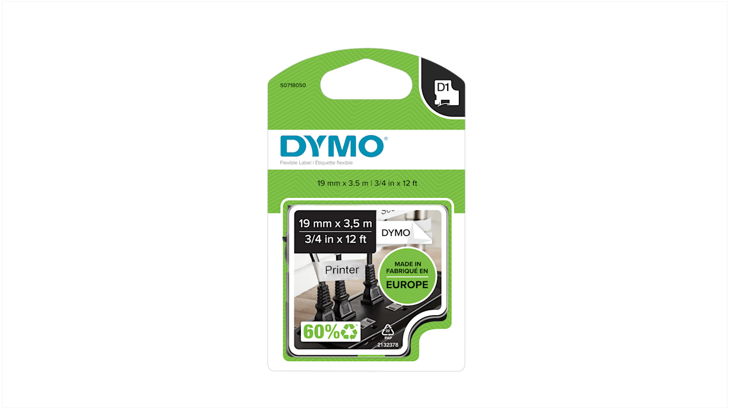 Dymo Black on White Label Printer Tape, 3.5 m Length, 19 mm Width