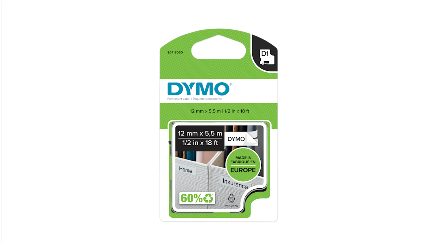 Cinta para impresora de etiquetas Dymo, color Negro sobre fondo Blanco, 1 Roll, para usar con Dymo 160, Dymo 210D, Dymo