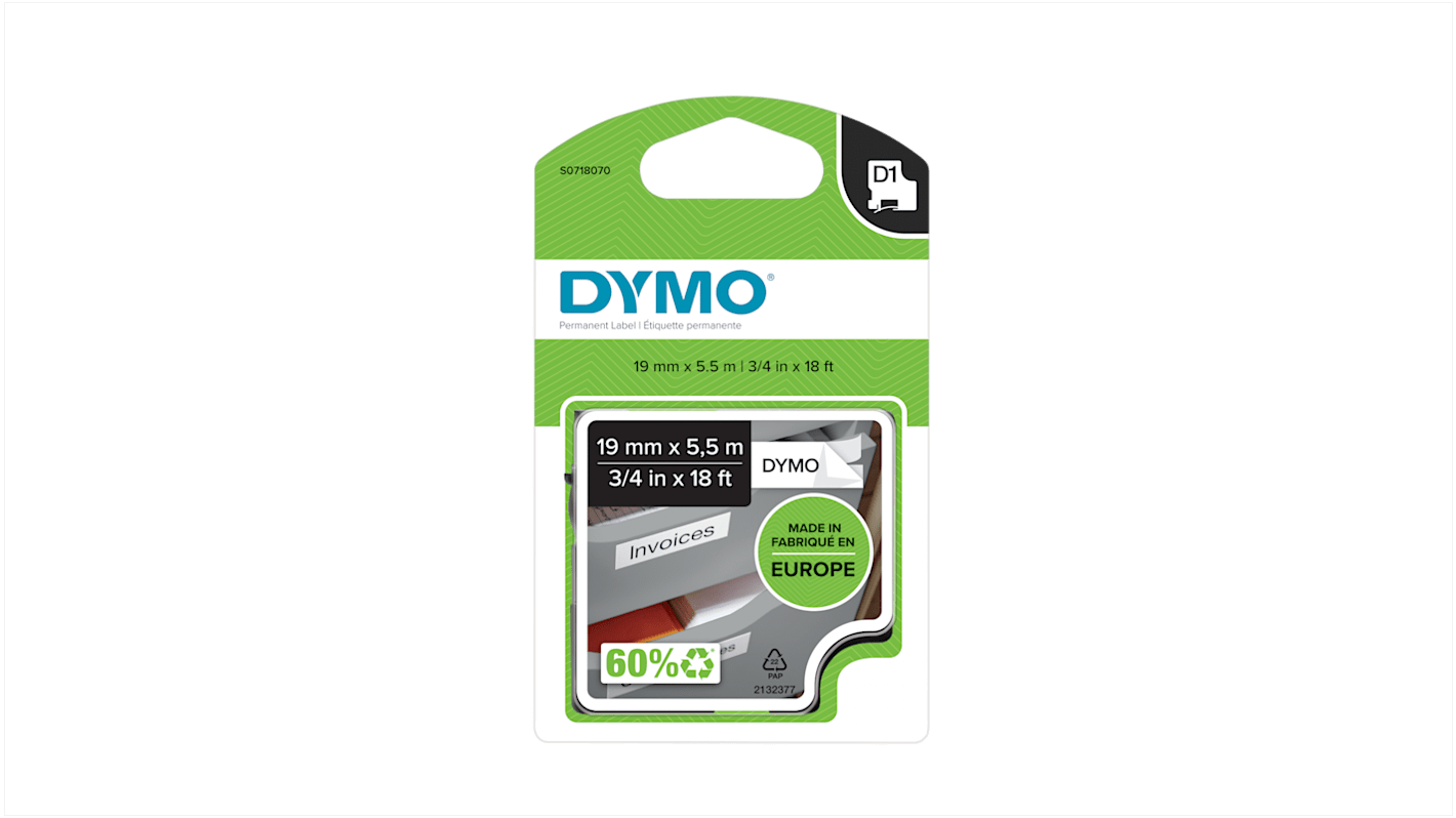 Dymo 标签色带, 白底黑字, 19 mm宽, 5.5 m/卷, 用于Dymo 360, Dymo 420P, Dymo 450 DUO, Dymo 500TS, Dymo Mobile Labeler打印机