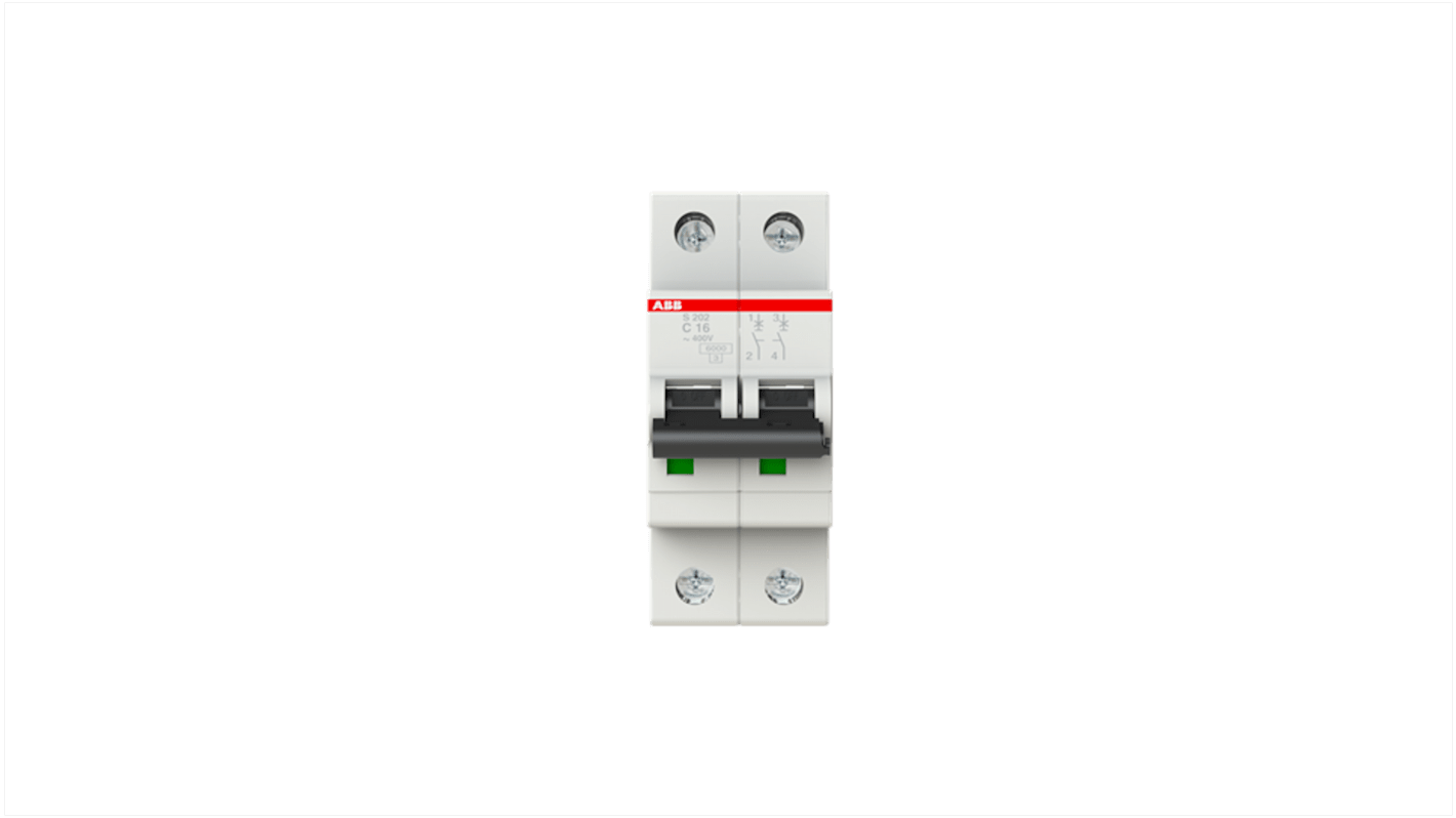 ABB C型MCB, 2极, 16A, 400VAC, S200系列 S202-C16