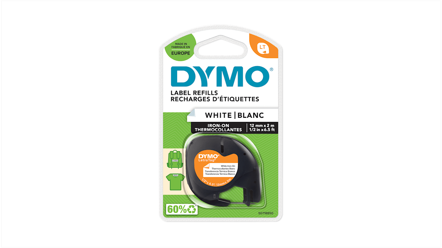 Dymo Black on White Label Printer Tape, 2 m Length, 12 mm Width