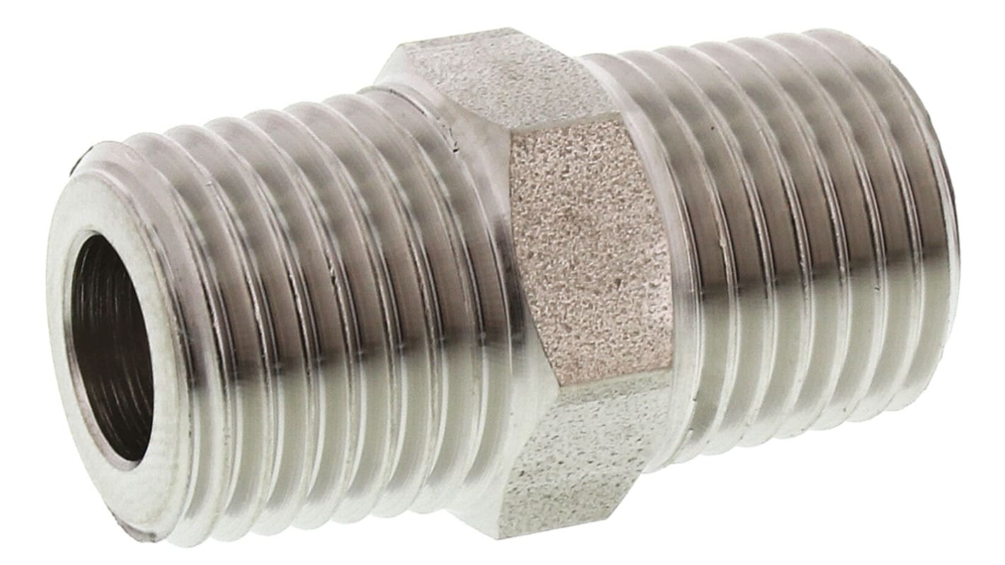 Legris Stainless Steel Pipe Fitting, Straight Hexagon Coupler, Male R 1/4in x Male R 1/4in