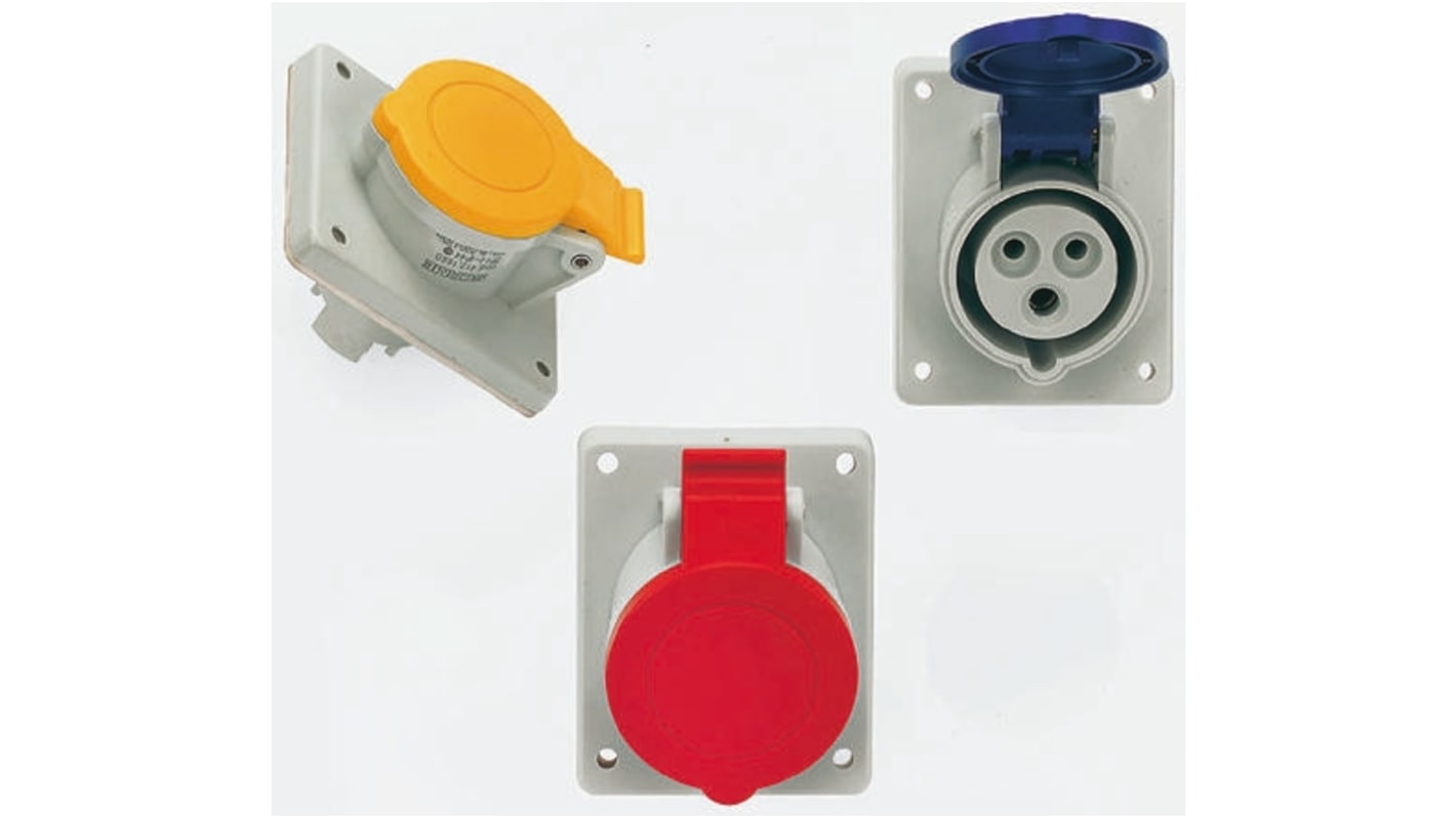 Conector de potencia industrial Hembra, Formato 2P+E, Orientación Ángulo de 90° , Amarillo, 110 V, 16A, IP44