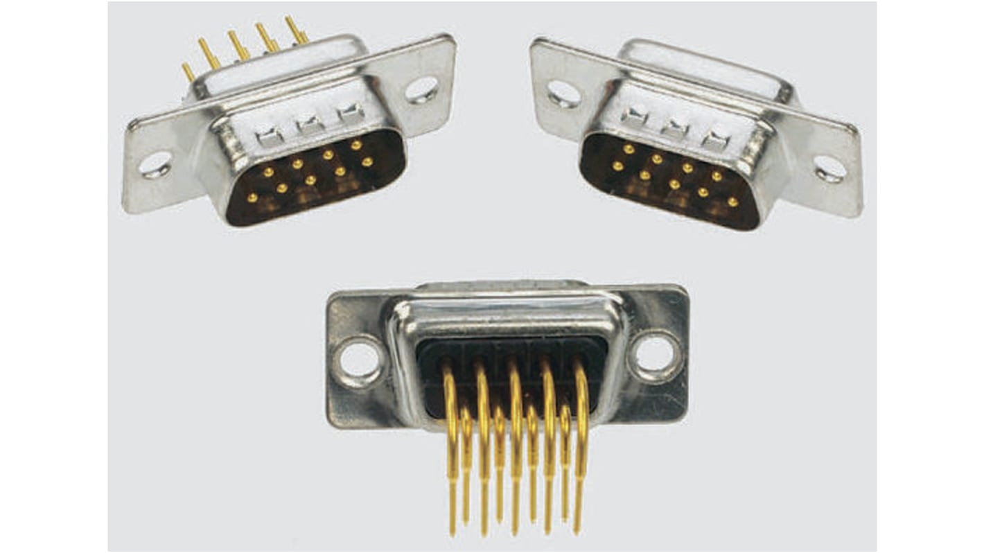 Conector D-sub RS PRO, paso 2.77mm, Ángulo de 90° , Montaje en orificio pasante, Macho, Terminación Soldador, 250,0 V.,