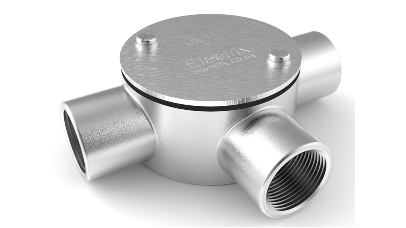 RS PRO 3 Way Tee Box, Conduit Fitting, 25mm Nominal Size, 316 Stainless Steel, Silver IP67 rating