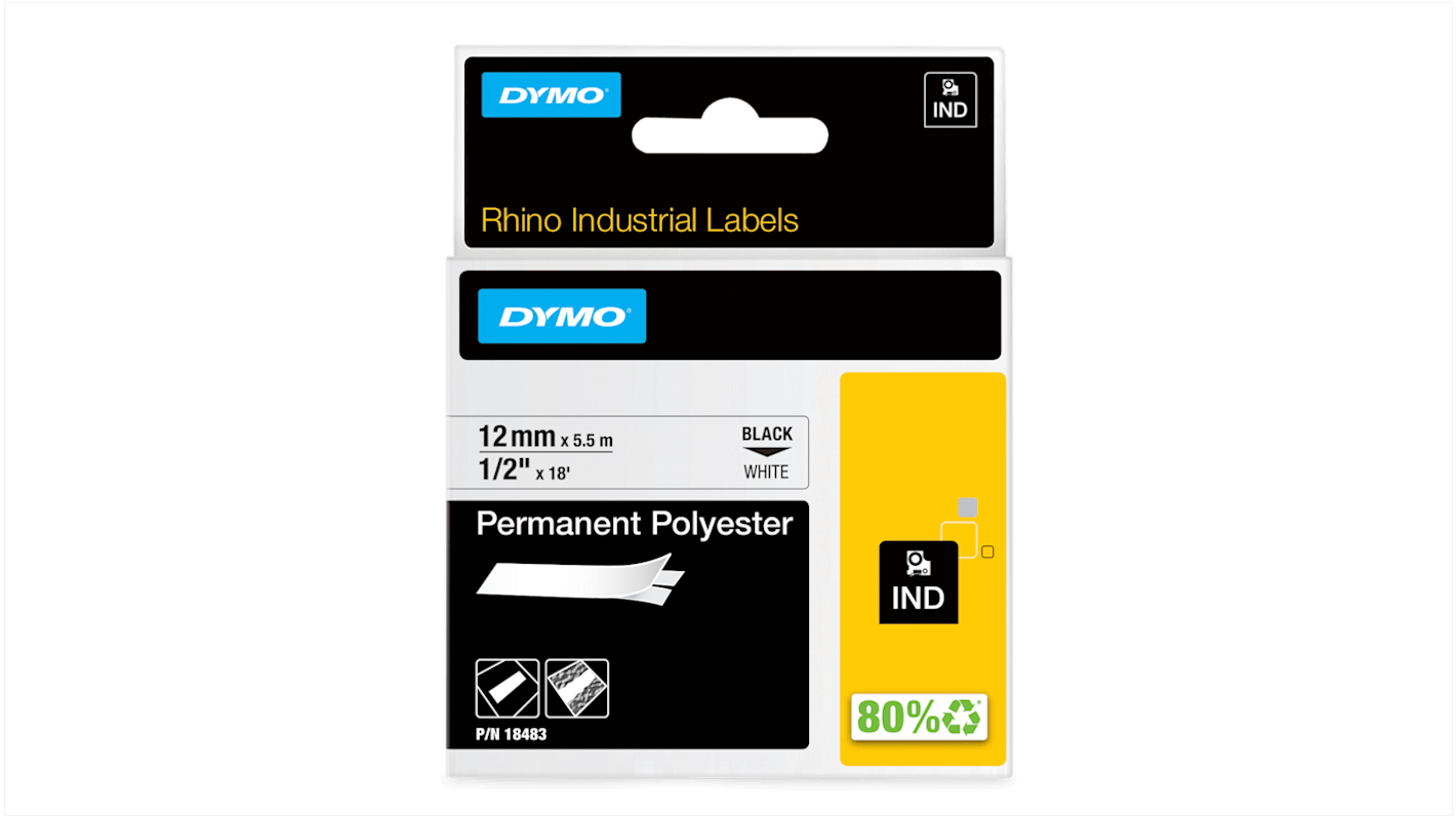 Dymo Black on White Label Printer Tape, 5.5 m Length, 12 mm Width