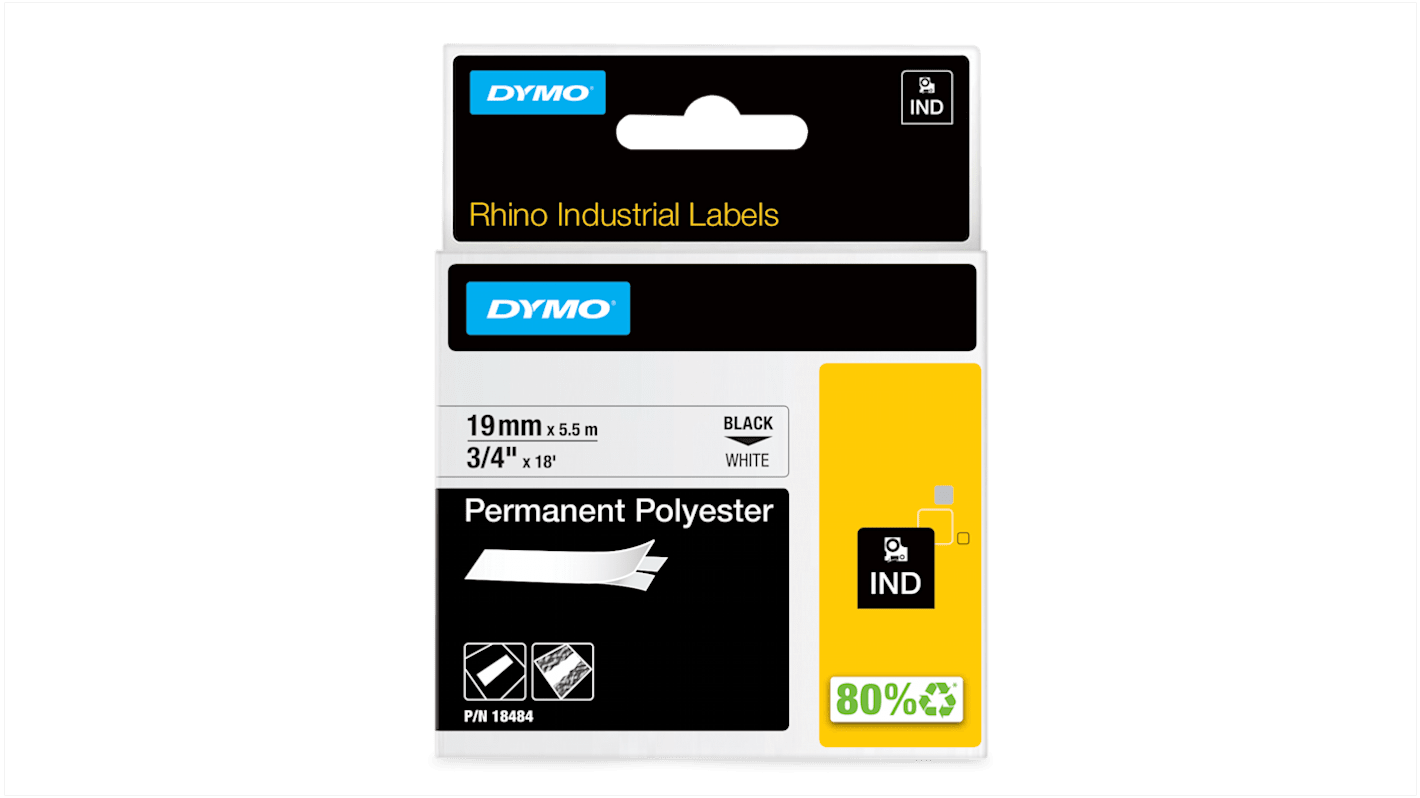 Dymo Black on White Label Printer Tape, 5.5 m Length, 19 mm Width