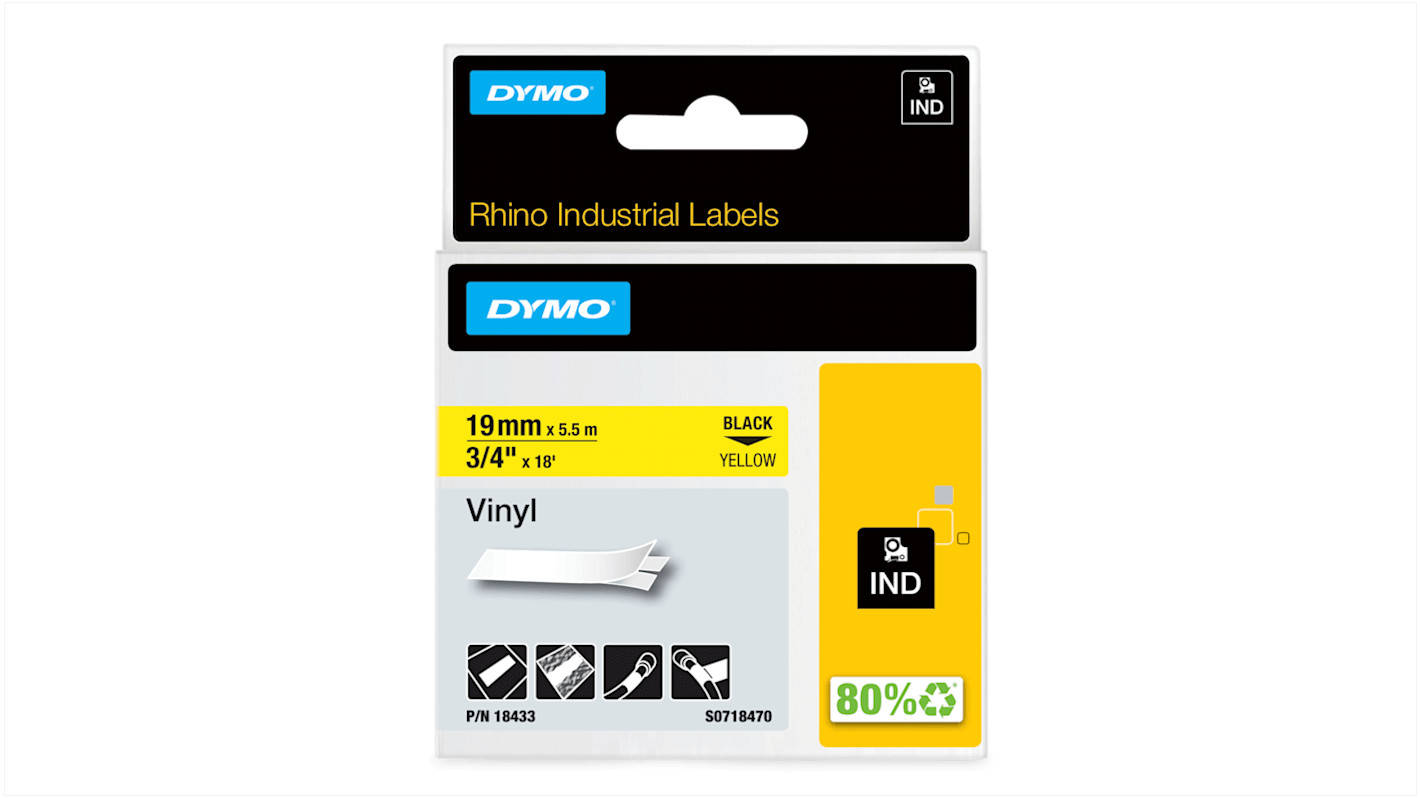 Dymo Black on Yellow Label Printer Tape, 5.5 m Length, 19 mm Width