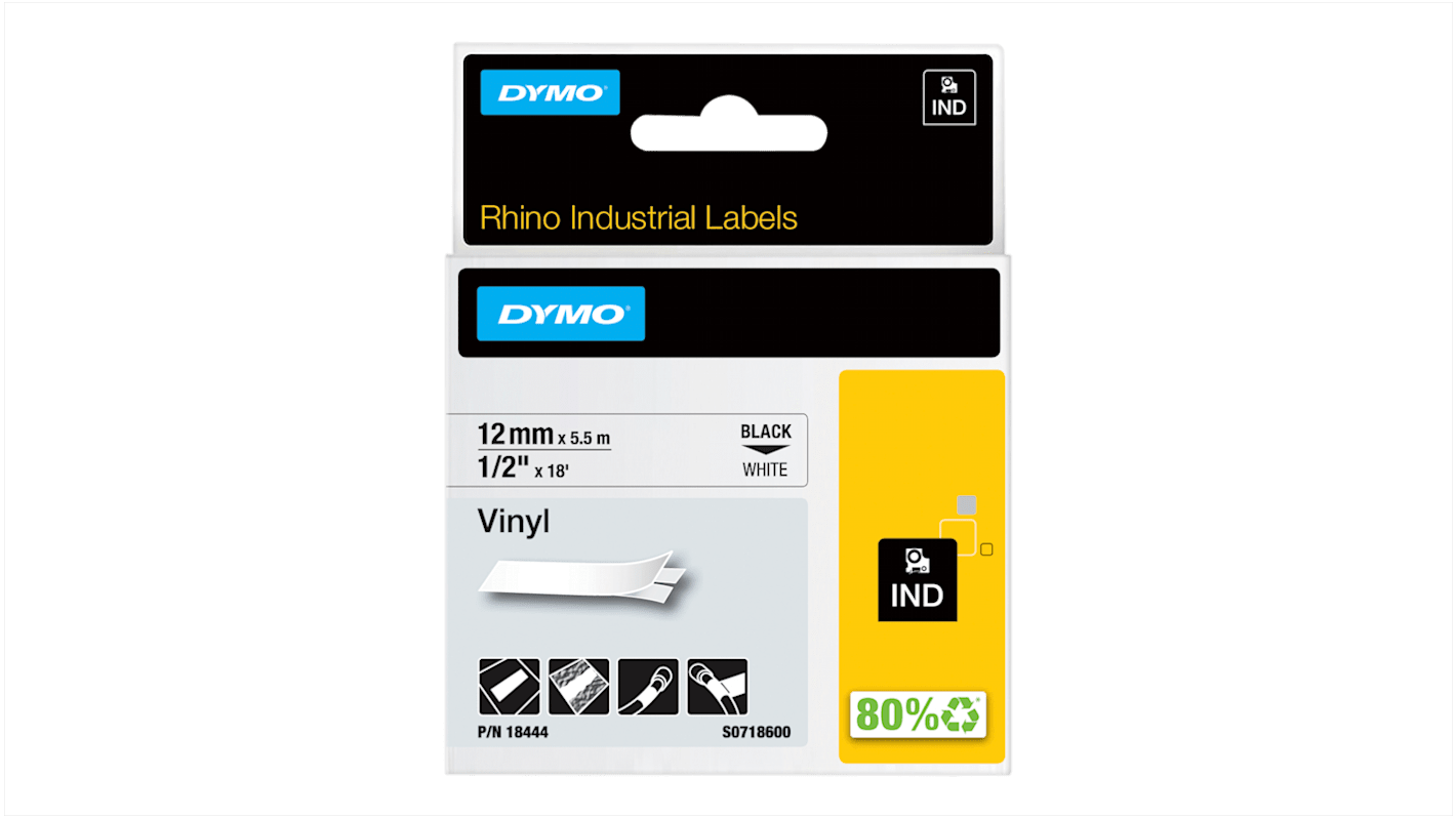 Dymo Black on White Label Printer Tape, 5.5 m Length, 12 mm Width