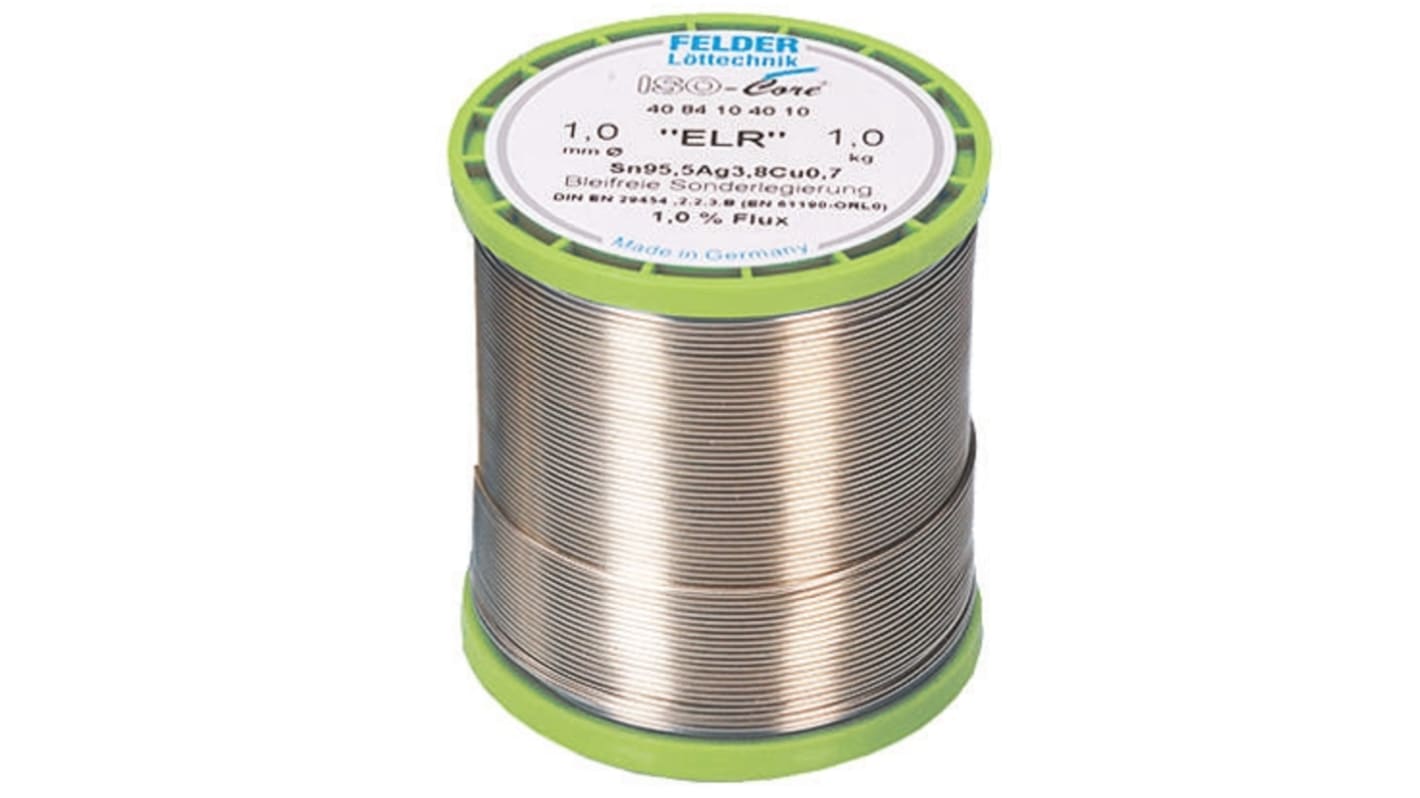 Hilo de soldar Felder Lottechnik de 1mm, fusión a: 217°C, composición: Sn 95.5%, Pb 0%, Cu 0.7%, Ag 3.8%, peso 1000g