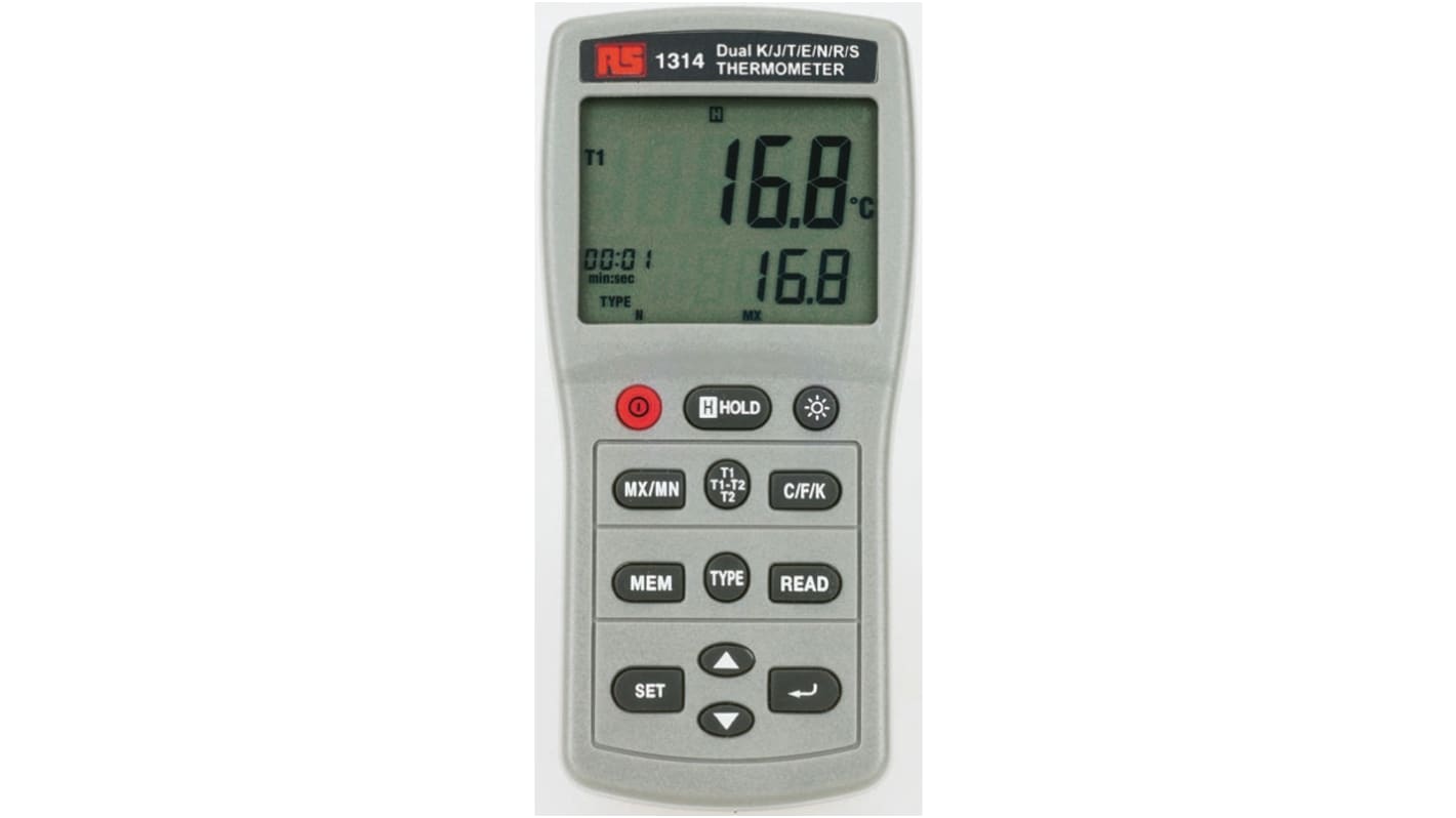 RS PRO Digital Thermometer for Industrial Use, E, J, K, N, R, S, T Probe, 1 Input(s), +1767°C Max, ±0.45 % Accuracy