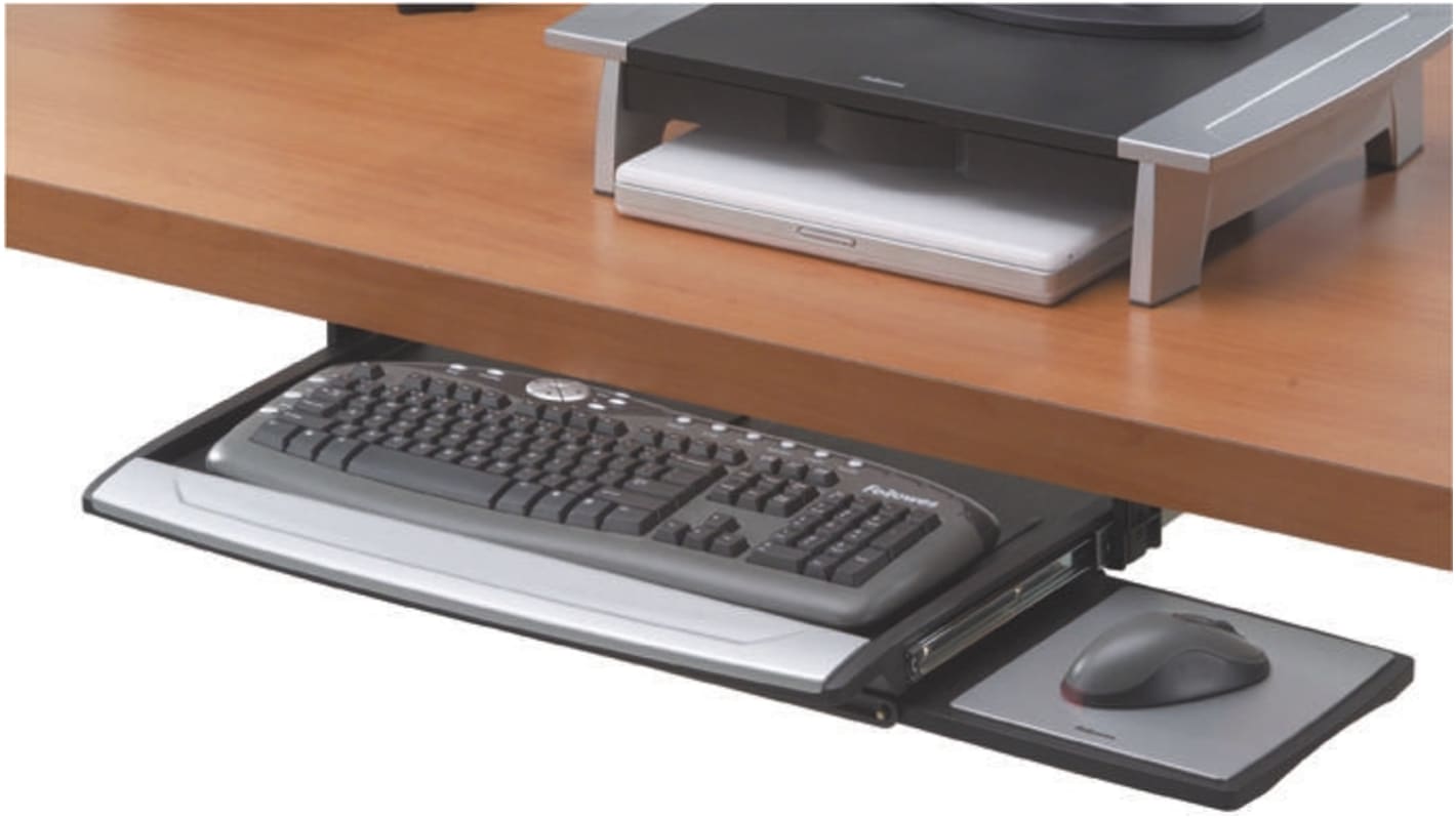 Fellowes, Tastaturschublade, Schwarz / Silber, 63.5mm x 784.2mm x 357.2mm mit Handballenauflage und Mausablage