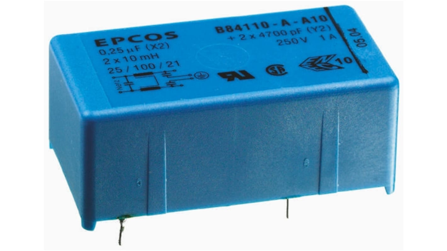 EPCOS B84110-A EMV-Filter, 250 V ac, 1A, Durchsteckmontage, Pin, 1-phasig 0,369 mA / 60Hz